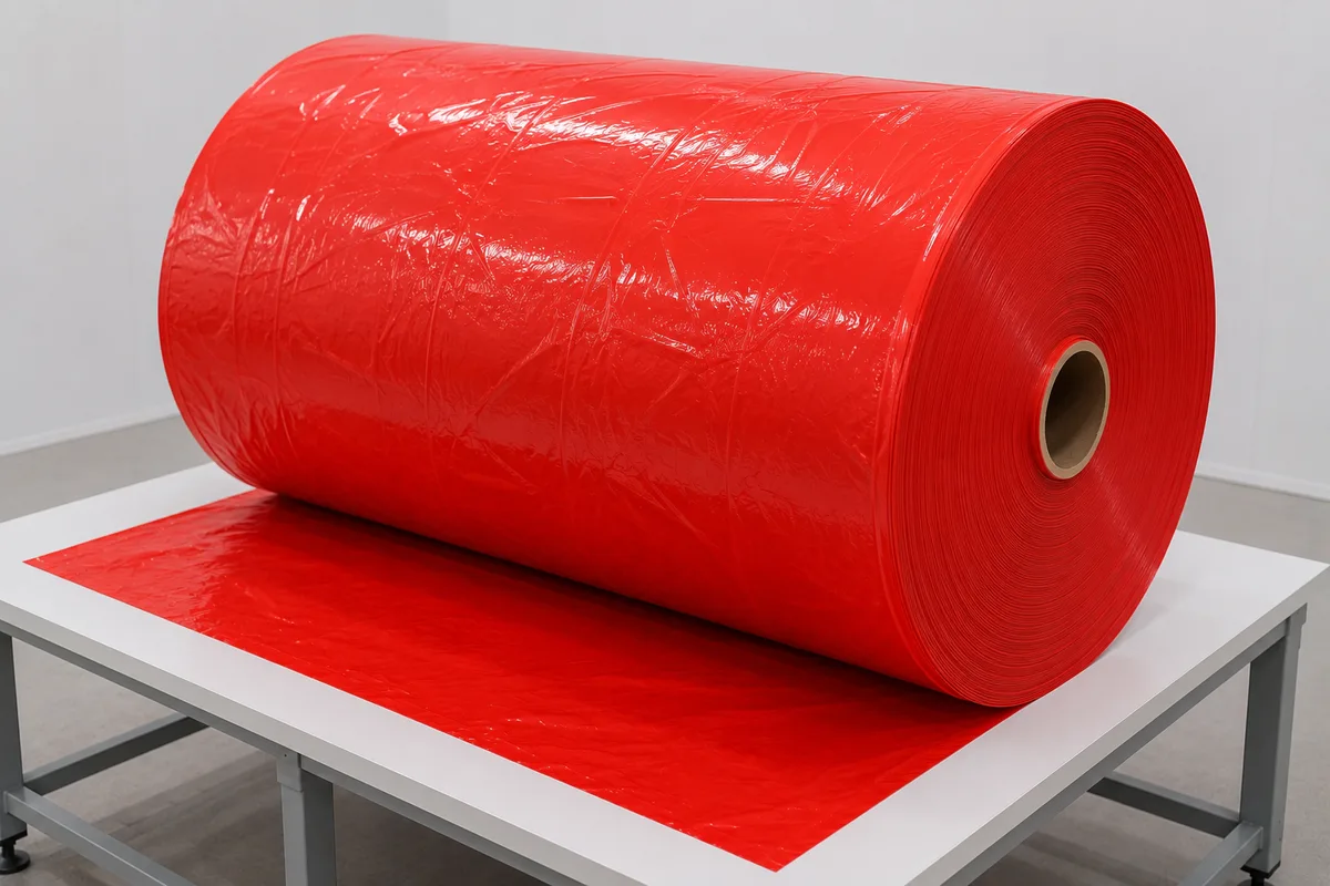 Bobina de film PEAD virgen rojo de UCEPSA, fabricante en Madrid